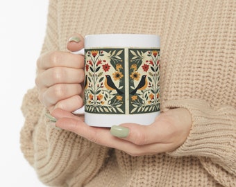 Ceramic Mug, Folk Art Bird Coffee Cup, Kitchen Decor, Gift for Bird Lover, Tea Mug, Unique Handmade Mug