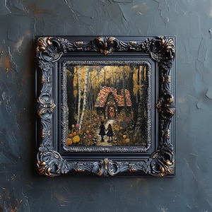 Cartel vertical, Hansel y Gretel Candy Cottage Autumn Woods Wall Art, decoración de impresión mate, ilustración de cuento de hadas oscuro, arte de la habitación de los niños