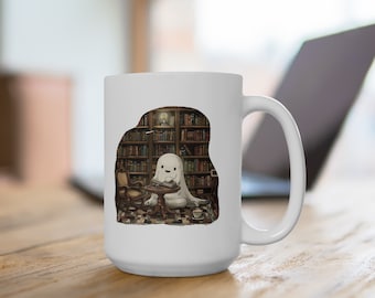 Ghost Mug, Spooky Halloween Coffee Cup, Cute Ghost Book Lover Gift, Haunted House Tea Mug, Halloween Decor, Reading Mug