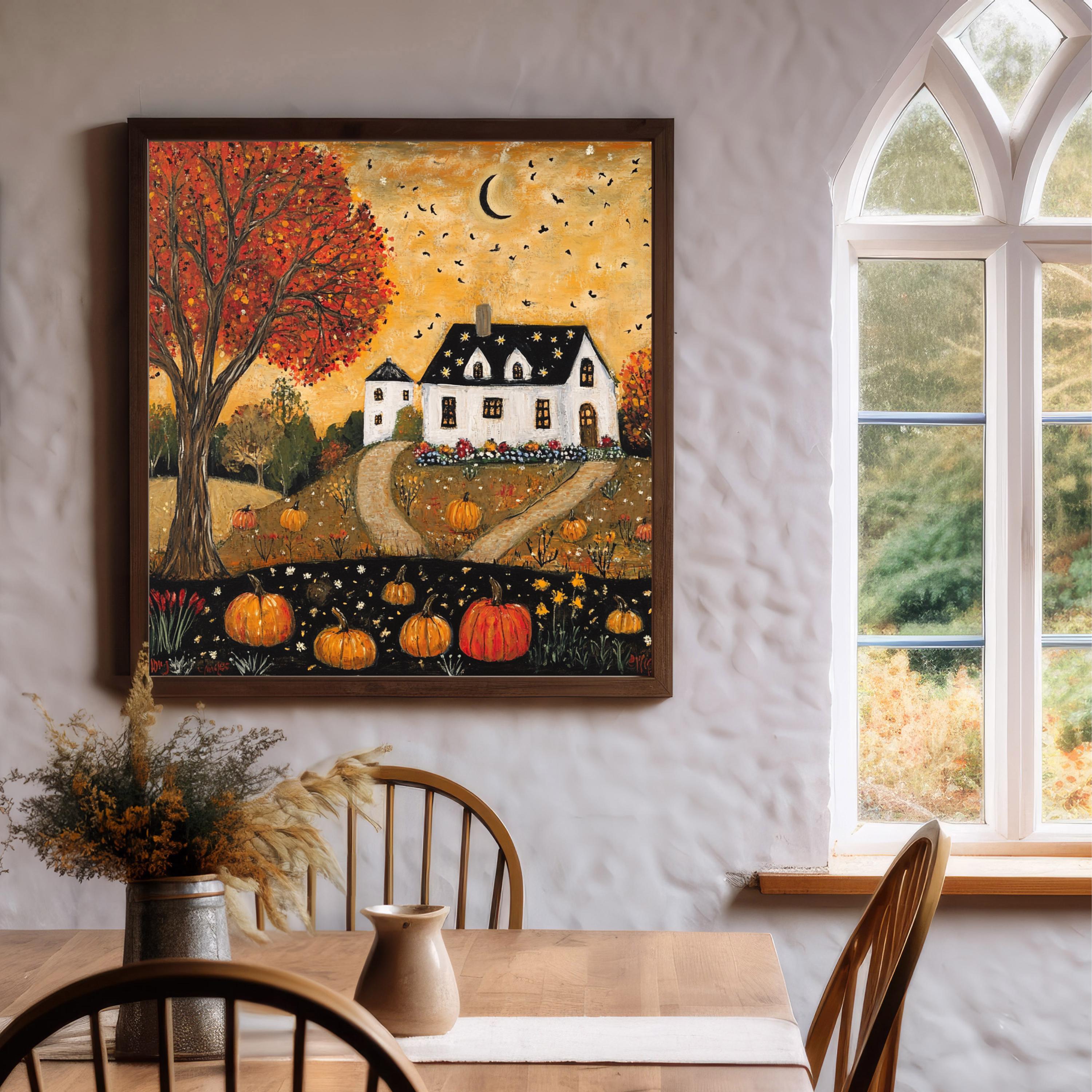 Folk Art Cottage Poster, Fall Foliage Landscape Print, Autumn Pumpkin Wall Art, Matte Vertical Posters for Home Decor, Country House