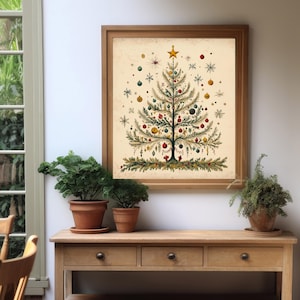 Christmas Tree Vertical Poster, Holiday Wall Art, Vintage Style Print, Stars and Snowflakes Decor, Matte Poster, Wall Decor