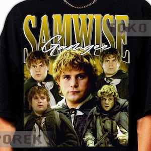May include: Black t-shirt featuring a graphic of Samwise Gamgee from The Lord of the Rings. The design includes the name "SAMWISE Gamgee" in a vintage style with multiple images of the character.