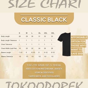 Puede incluir: Tabla de tallas para una camiseta negra cl&aacute;sica, con medidas en cm para la longitud del cuerpo, el ancho del pecho y la longitud de la manga. La tabla incluye tallas S a 3XL, con un gr&aacute;fico de camiseta negra.