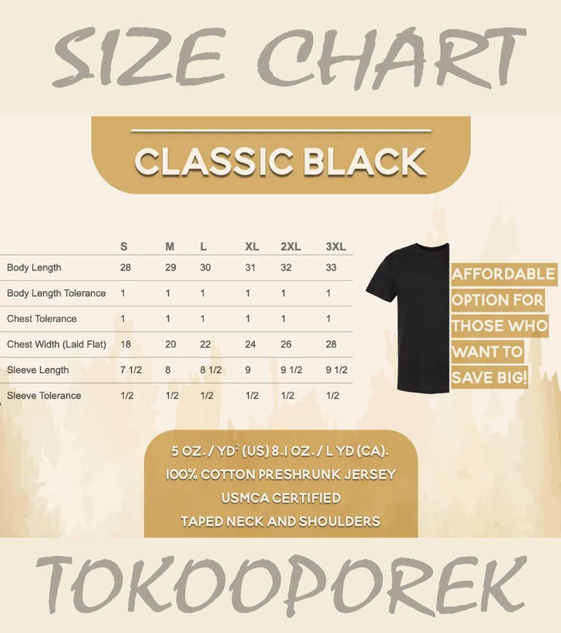 Puede incluir: Tabla de tallas para una camiseta negra cl&aacute;sica, con medidas en cm para la longitud del cuerpo, el ancho del pecho y la longitud de la manga. La tabla incluye tallas S a 3XL, con un gr&aacute;fico de camiseta negra.