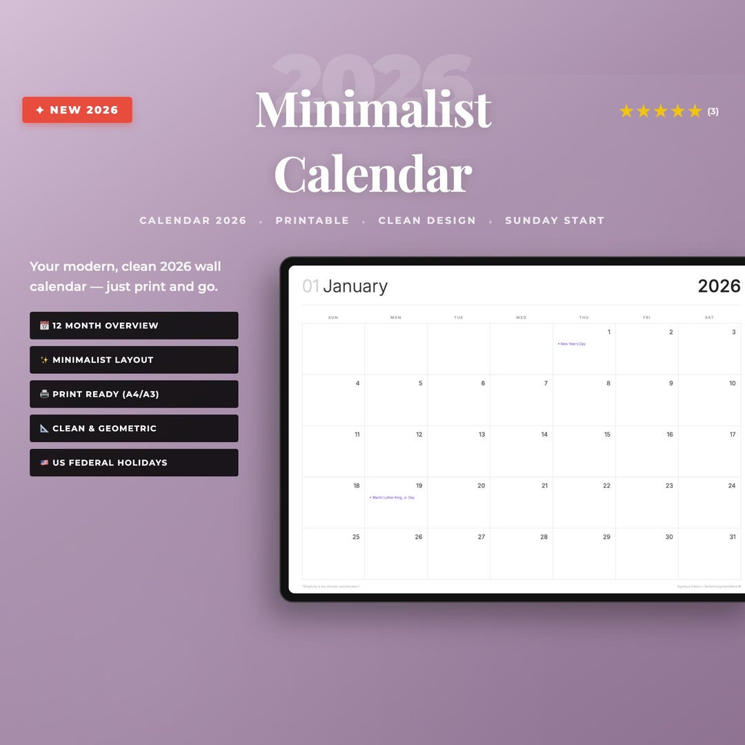 2026 Minimalist Monthly Calendar – US Sunday Start Printable | A3 & A4 ...