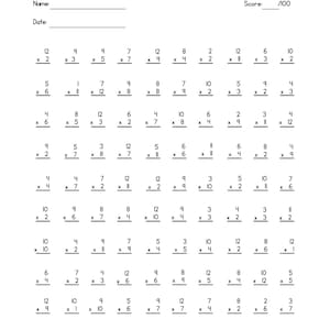 May include: A black and white worksheet titled "Multiplication Facts 1-12" with space for a name, date, and score. The worksheet contains multiplication problems arranged in rows and columns.