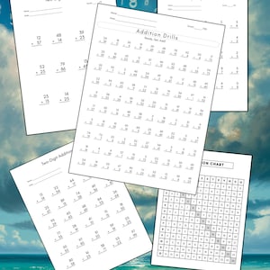 May include: A collection of white paper worksheets with math problems, including addition drills and a multiplication chart. The worksheets are printed with black text and numbers. The background is a blue and white gradient.
