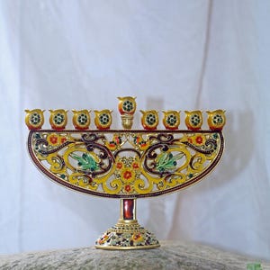 Enamel -Golden Hanukkah Menorah | 9 - Branch Jewish Candle Holder | Judaica Art for Home & Gifting