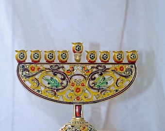 Emaille gouden Chanoeka-menora | Joodse kandelaar met 9 takken | Judaïcakunst voor thuis en als cadeau