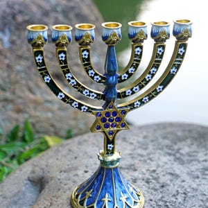Luxurious Blue & Gold |  Judaica Candle Holder |7-Branched Candelabra for Jewish Home Decor | Menorah | Christmas Gift