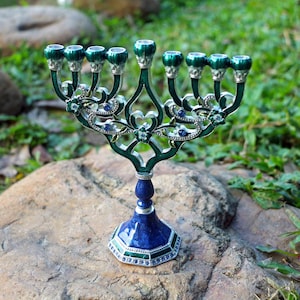 Elegant Green & Blue | Hanukkah Menorah | Judaica Candle Holder