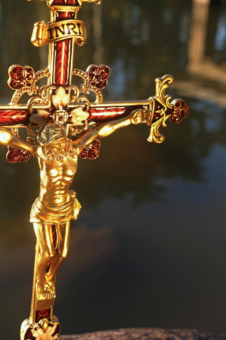 Gold Jesus Christ Crucifix Sculpture: INRI Cross, Floral Details - Etsy