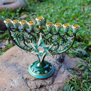Star of Elegance | Green Hexagram 9-Branch  | Hanukkah Menorah | Judaica Candle Holder | Hanukkah | Menorah | Christmas Gift