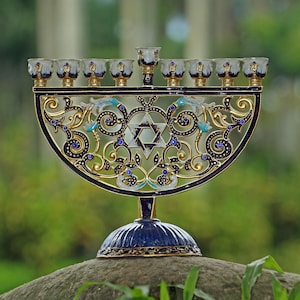 Enamel - Inlaid Star of David Menorah | 9 - Branch Hanukkah Candle Holder | Judaica Decor for Jewish Festivals
