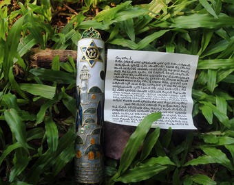 Handmade Jerusalem Mezuzah, Star of David, Protective Scroll Case