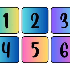 May include: Six colorful square tiles with numbers 1 through 6 written in black on them. The tiles have a gradient background with different colors.