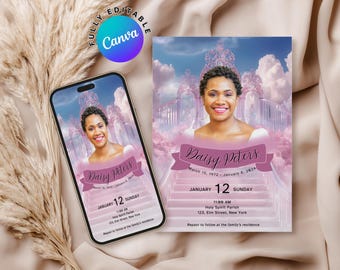 Pink Heavenly Gate Funeral Invitation, Digital Memorial Evite, Celebration of Life Invitation, Editable Obituary Template, Instant Download