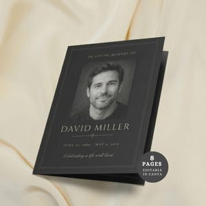 May include: A black funeral program booklet featuring a grayscale portrait of a man, the text IN LOVING MEMORY OF, DAVID MILLER, JUNE 20, 1960 - MAY 5, 2019, and Celebrating a life well lived, with a circular badge stating 8 PAGES EDITABLE IN CANVA.