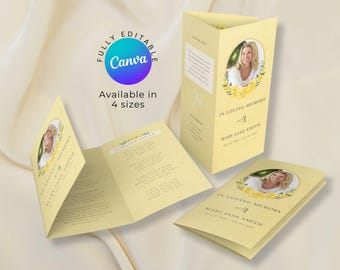 Yellow Trifold Funeral Program Template, Printable Celebration of Life Brochure, Memorial Service, Editable Obituary Canva Template