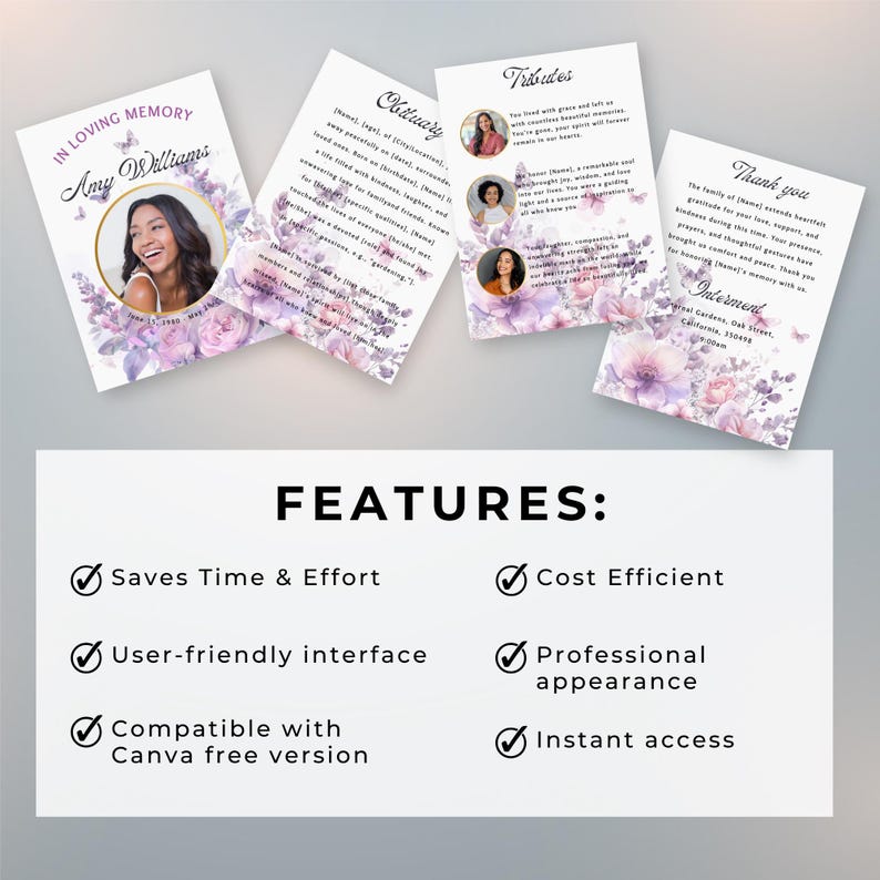 Puede incluir: Un conjunto de cuatro tarjetas imprimibles con un dise&ntilde;o floral en tonos de morado y rosa. Las tarjetas incluyen el texto "En memoria cari&ntilde;osa", "Necrol&oacute;gica", "Tributos" y "Gracias". Las tarjetas est&aacute;n dise&ntilde;adas para un servicio conmemorativo o un funeral.