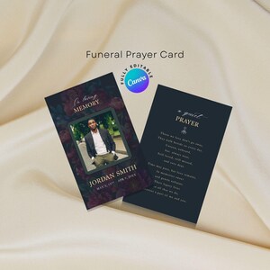 Black Floral Funeral Prayer Card Template, Canva Editable Memorial Poem Cards, Funeral Favor, Obituary Cards, In Loving Memory Cards