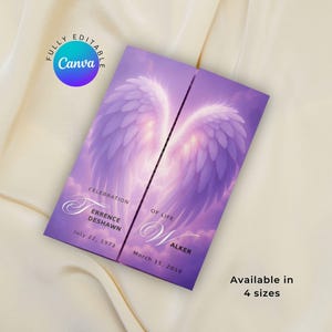 May include: A purple memorial card with angel wings design. The card includes the text "Celebration of Life" and the names "Errence Deshawn" and "Walker", along with dates. The Canva logo is visible. Available in 4 sizes.