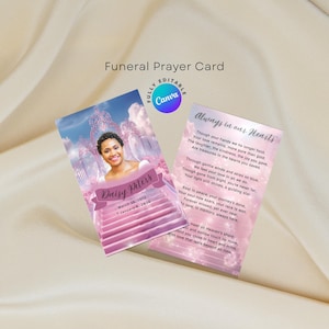 Pink Heavenly Funeral Prayer Cards Printable, Memorial Cards Editable Canva Template,Obituary Card for Celebration of Life, Funeral keepsake