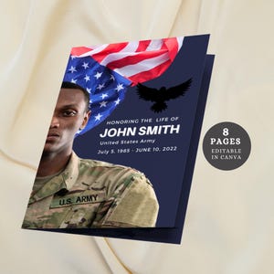Military Funeral Program Canva Template Patriotic Memorial Service Army Editable Keepsake Veteran Funeral Brochure Navy Celebration of Life