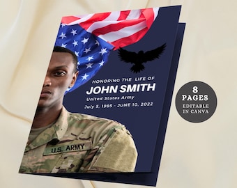 Military Funeral Program Canva Template Patriotic Memorial Service Army Editable Keepsake Veteran Funeral Brochure Navy Celebration of Life