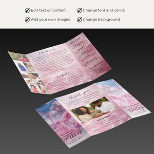 May include: A tri-fold funeral program with a pink and white cloudy background. The front cover features a photo of a family and the text "In loving memory of Daisy, March 12, 1991". The inside panels include sections for "Obituary", "Service", "Tribute", and "Thank You".