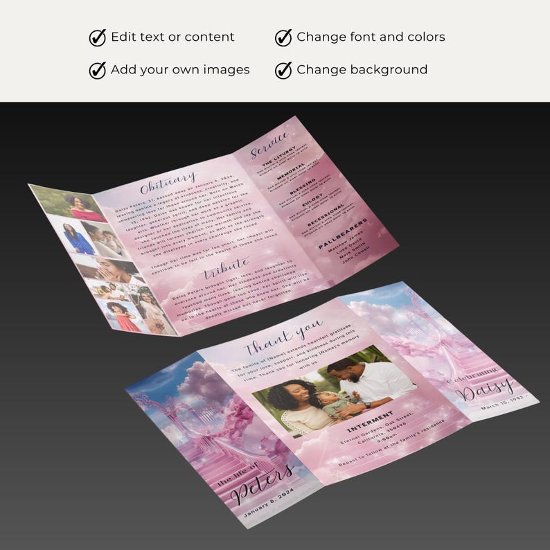 May include: A tri-fold funeral program with a pink and white cloudy background. The front cover features a photo of a family and the text "In loving memory of Daisy, March 12, 1991". The inside panels include sections for "Obituary", "Service", "Tribute", and "Thank You".
