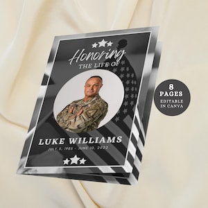 Canva-sjabloon voor militair uitvaartprogramma voor veteraan Viering van het leven bewerkbare sjabloon overlijdensbericht Patriottische herdenkingsprogramma DIY