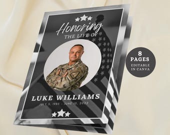 Military Funeral Program Template, Patriotic Celebration of Life (Canva Editable)
