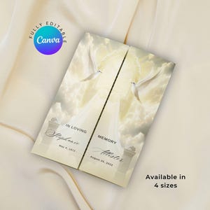 May include: A memorial card with a heavenly design. The card features a bright, ethereal scene with doves, clouds, and a pathway. The text includes names, dates, and the phrases "In Loving Memory" and "Available in 4 sizes."