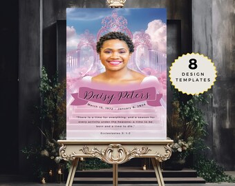 Pink Heavenly Funeral Welcome Sign Template, Photo Collage Poster, Celebration of Life Memorial Canva Editable