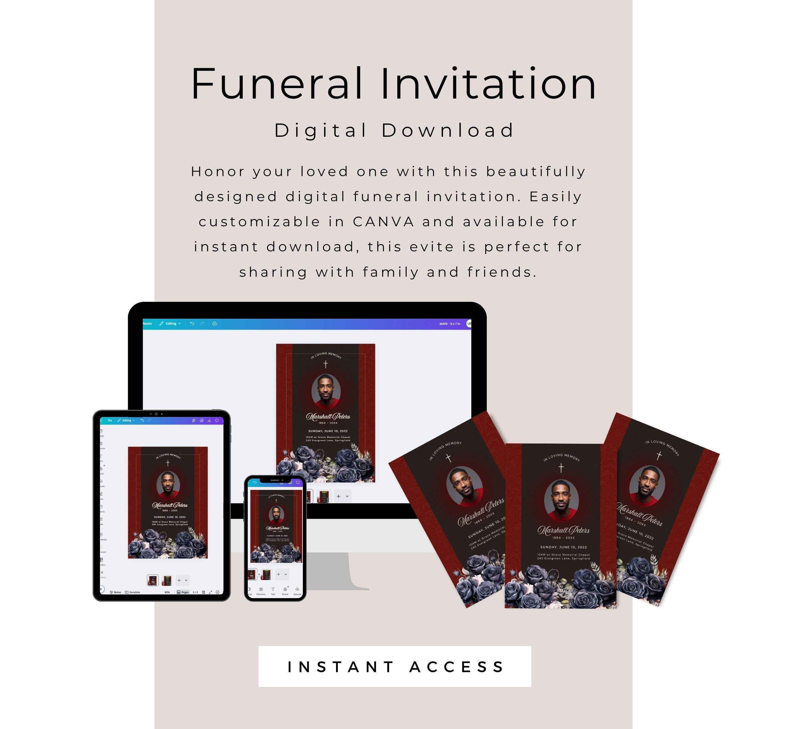 Red Funeral Evite Canva Template, Celebration of Life Announcement ...