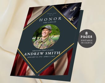 Military Funeral Program Canva Template Editable Memorial Keepsake Veteran Celebration of Life Minimalist Patriotic Funeral Service Brochure