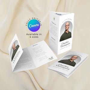 May include: White memorial cards with a photo of a man, text, and floral accents. The cards are available in four sizes and are fully editable with Canva. The text includes the name "Charles Thompson" and dates.
