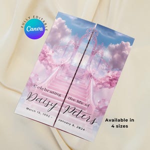 Modello di programma funebre Heavenly Pink Gatefold Canva, necrologio modificabile per donna, celebrazione commemorativa della vita, modello di ordine del servizio