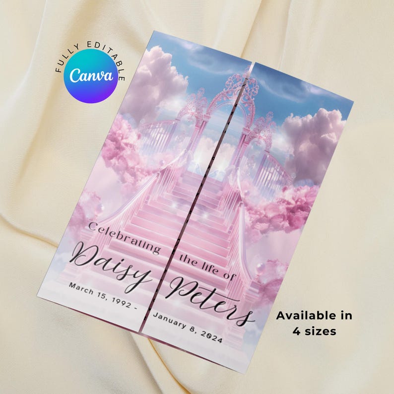 May include: A printable memorial card with a pink and white cloudy sky background. The card features a pink stairway leading to a pink gate with a white outline. The text reads "Celebrating the life of Daisy Peters March 15, 1992 - January 8, 2024". The card also includes the text "Available in 4 sizes".