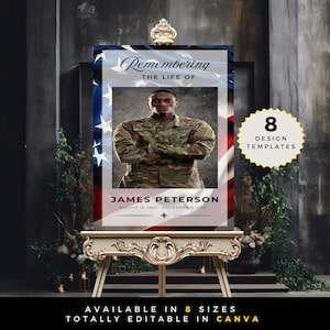 Peut inclure: Un modèle d'affiche commémorative imprimable avec une photo d'un homme en uniforme militaire sur un fond de drapeau américain rouge, blanc et bleu. Le texte "Remembering The Life Of" est en haut, et le texte "James Peterson August 12, 1980 November 8, 2016" est en bas. L'affiche est disponible en 8 tailles et est entièrement modifiable dans Canva.