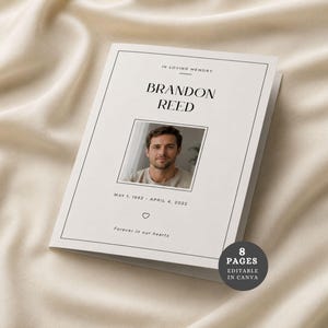 Può includere: Un libretto per programma funebre con copertina bianca e bordo nero, il testo IN LOVING MEMORY, il nome BRANDON REED, la fotografia di un uomo, le date MAY 1, 1992 - APRIL 4, 2022, un'icona a forma di cuore e il testo Forever in our hearts.