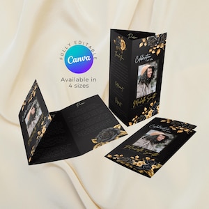 Editable Black and Gold Trifold Funeral Program Template, Obituary Brochure, Customizable Memorial Service Design for Women, Canva Template