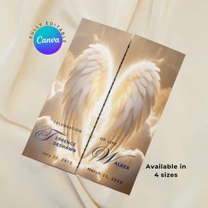 Modelo de programa funerário Angel Wings Canva Gatefold, brochura editável de celebração da vida para serviço memorial, modelo de obituário para impressão