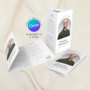 Plantilla minimalista de programa funerario tríptico, obituario sencillo y editable en Canva, celebración de la vida, servicio conmemorativo para el despido.