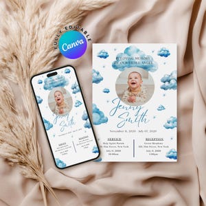 Invitación digital editable de Evite para funerales de Blue Clouds (Canva) para anunciar el funeral de un niño, un bebé o un niño conmemorativo.
