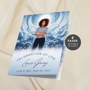 Heavenly Blue Funeral Service Program Editable Obituary Canva Template, Digital Memorial Service Church Program for Celebration of Life