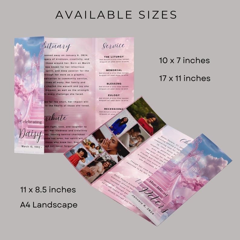 May include: A tri-fold funeral program template with a pink and white cloudy sky background. The program features a photo collage, a tribute to the deceased, and a service order. Available sizes are 10 x 7 inches, 17 x 11 inches, 11 x 8.5 inches, and A4 landscape.