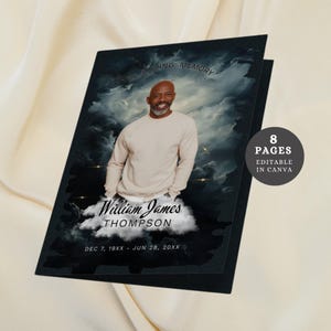 Plantilla de Canva para programa funerario con nubes, editable y elegante, para hombre, plantilla de obituario para personas negras, folleto DIY para celebrar la vida.