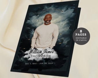 May include: A memorial card with a portrait of a man in a light-colored sweater against a cloudy background. The text "IN LOVING MEMORY" is at the top, with the name "William James THOMPSON" below the portrait. The card is labeled "8 PAGES EDITABLE IN CANVA".